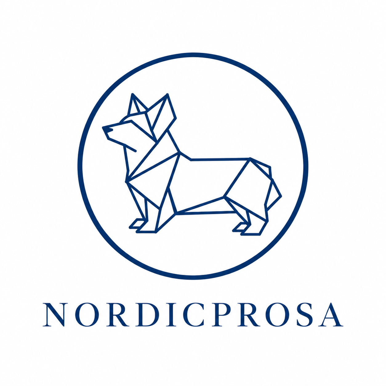 Original NORDICPROSA emblem: the dark-blue origami corgi looking left, inside a circle